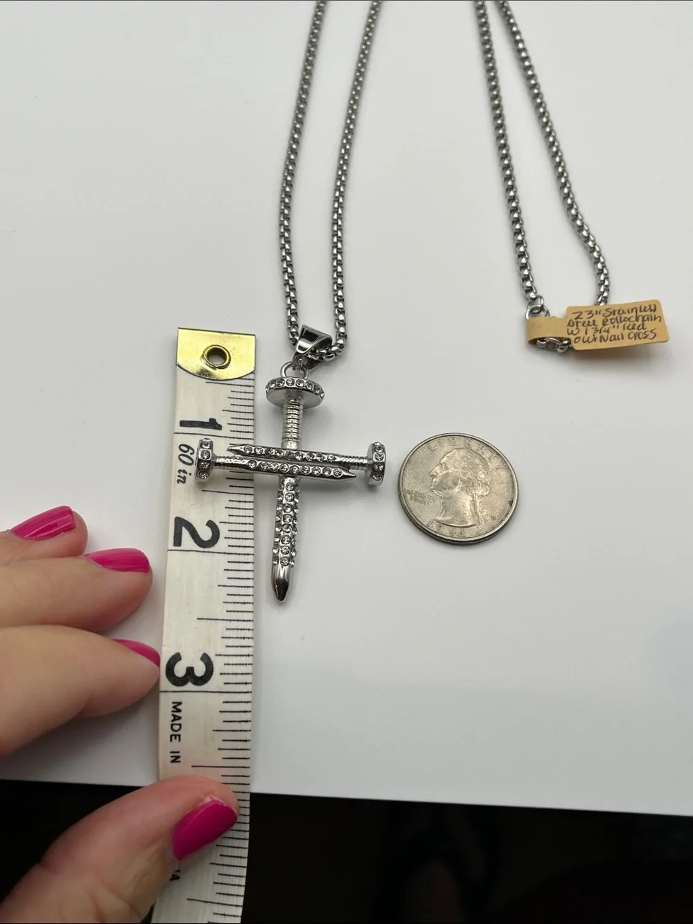 24”, Stainless Steel Crystal Nail Cross Pendant Necklace - Unbranded
